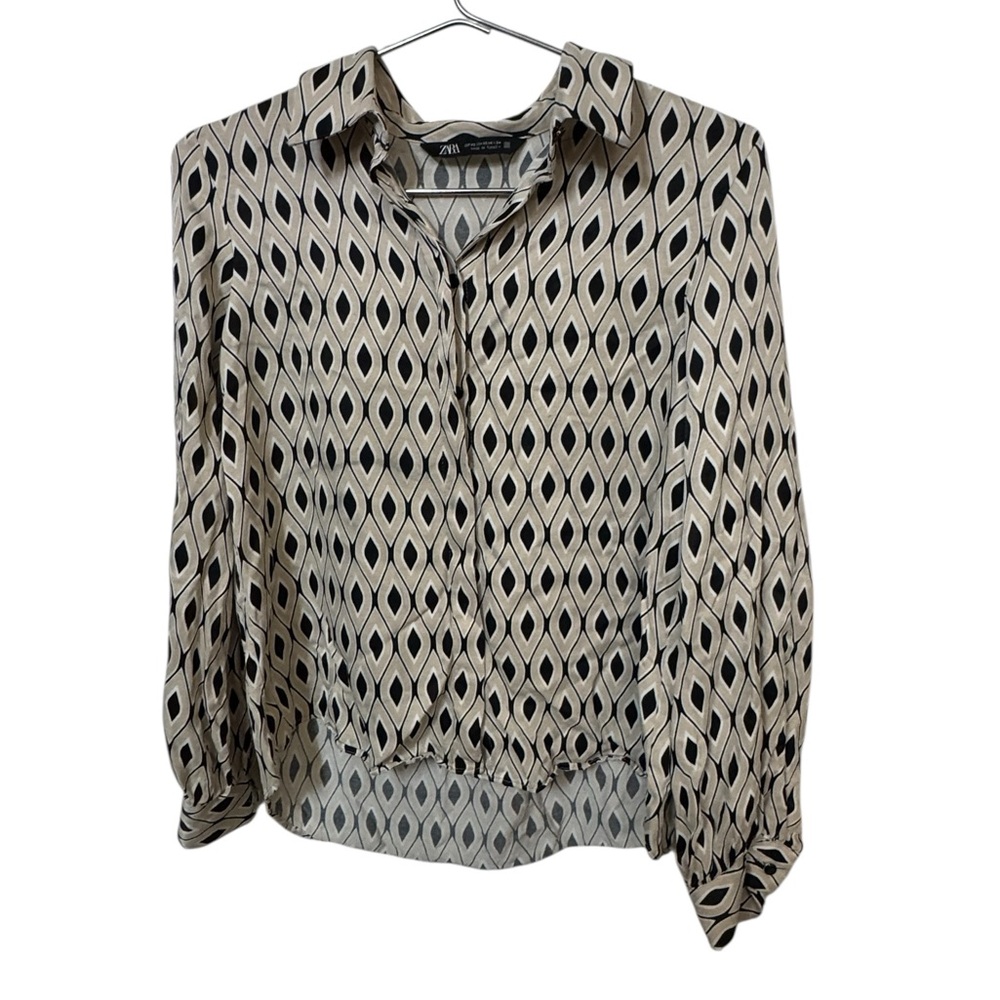 Zara High End Silky Blouse Black and Cream Geometric Shirt Women’s XS